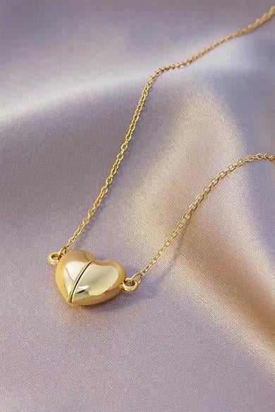 Altın Renk İkiye Ayrılan Mıknatıslı Kalp Figürlü Çelik Kolye
