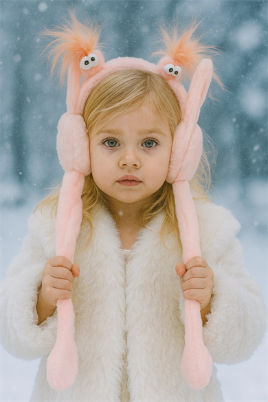 Pudra Renk Canavar Figürlü Kulakları Oynayan Peluş Kulaklık
