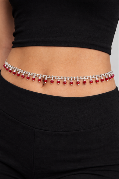 Gümüş Renk Kırmızı Taş Detaylı Tasarım Bel Zinciri/Vücut Aksesuar