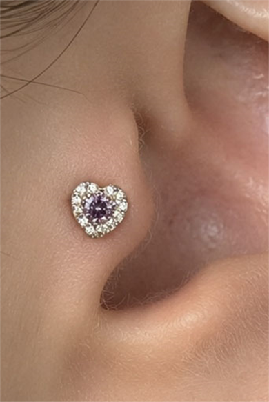 Gümüş Renk Kalp Figürlü Taşlı Cerrahi Çelik Tragus/Kıkırdak Küpe/Piercing (Tek)