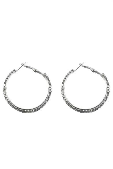 Gümüş Renk Taş Detaylı Halka Küpe 45Mm (Çift)