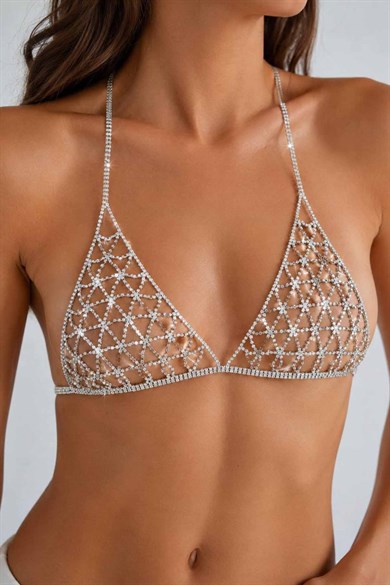 Gümüş Renk Taş Detaylı Bikini Üstü /Bralet /Vücut Aksesuarı