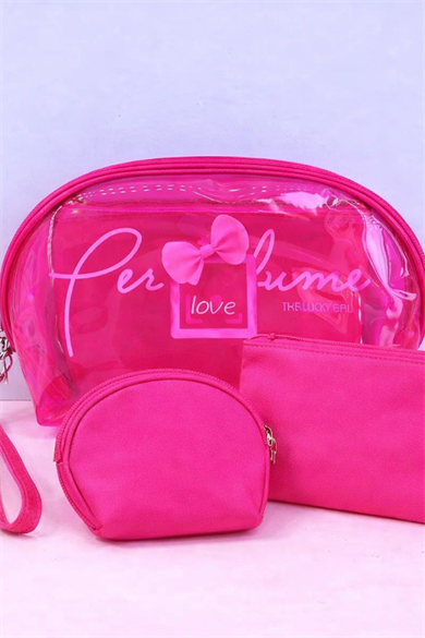 Pembe Renk 3lü Şeffaf Makyaj Çantası