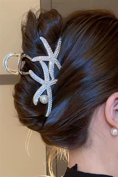 Altın Renk Deniz Yıldızı Figürlü İnci Detaylı Taşlı Metal Mandal Toka