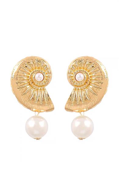 Altın Renk Salyangoz Figürlü İnci Detaylı Çelik Küpe (Çift)