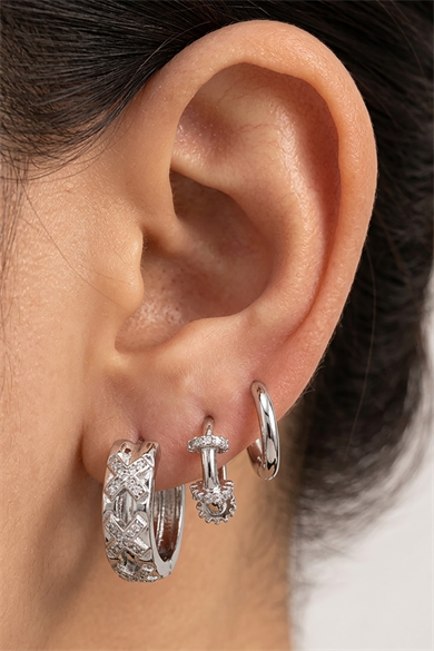 Gümüş Renk Taş Detaylı 3lü YSX Küpe Set