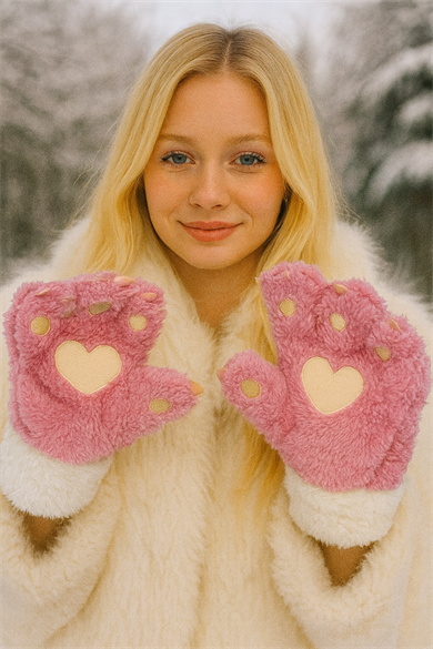 Krem Ve Pembe Pati Figürlü Askılı Peluş Eldiven