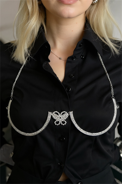 Gümüş Renk Kelebek Figürlü Taş Detaylı Tasarım Vücut Aksesuar