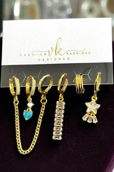 6lı Altın Renk Taş Detaylı Küpe Set