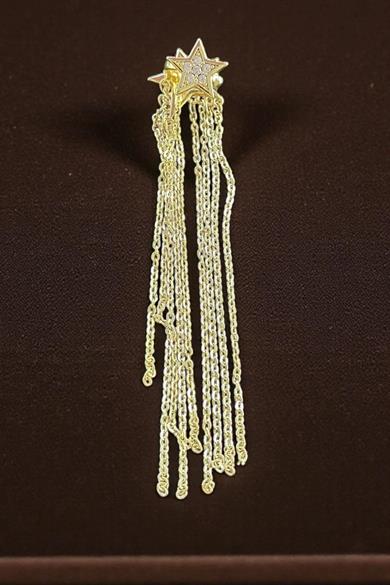 Altın Renk Yıldız Figürlü Taş Detaylı Çelik Sallantılı Ear Cuff (Tek)