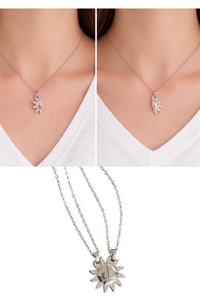 Gümüş Renk Güneş Figürlü İkili Mıknatıslı Çelik Arkadaşlık Kolyesi