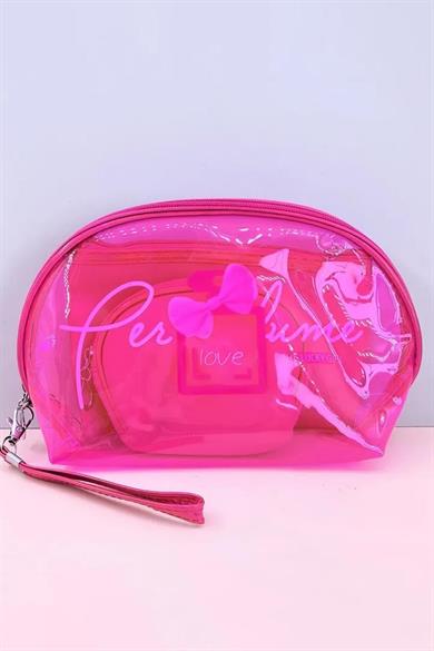 Pembe Renk 3lü Şeffaf Makyaj Çantası