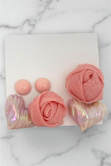 Pembe Renk Çiçek Figürlü Kalp Detaylı 6lı Küpe Set