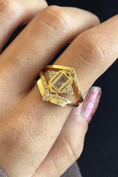 Altın Renk Taş Detaylı Ayarlanabilir Yüzük