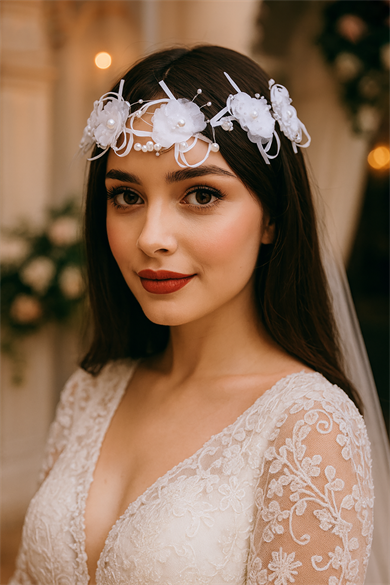 Gümüş Renk Çiçek Figürlü İnci Detaylı Saç Aksesuarı/ Alınlık