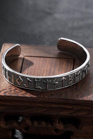 Gümüş Renk Viking Yazılı Çelik Kelepçe Bileklik