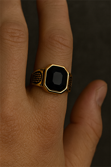 Altın Renk Taş Detaylı Ayarlanabilir Çelik Erkek Yüzük