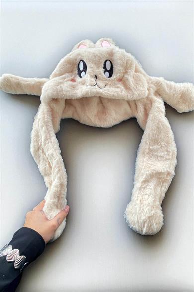 Krem Renk Tavşan Figürlü Kulakları Oynayan Peluş Şapka