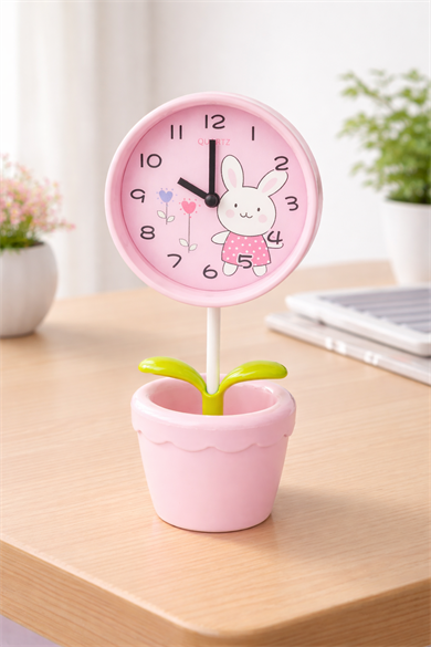 Pembe Renk Saksı Figürlü Işıklı Alarmlı Yuvarlak Masa Saati