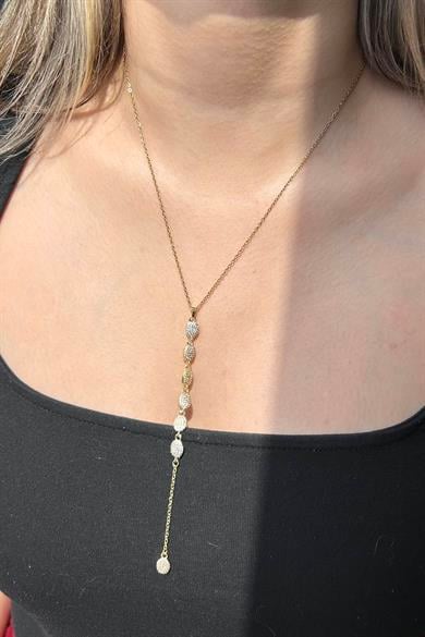 Altın Renk Taş Detaylı Çelik Y Kolye