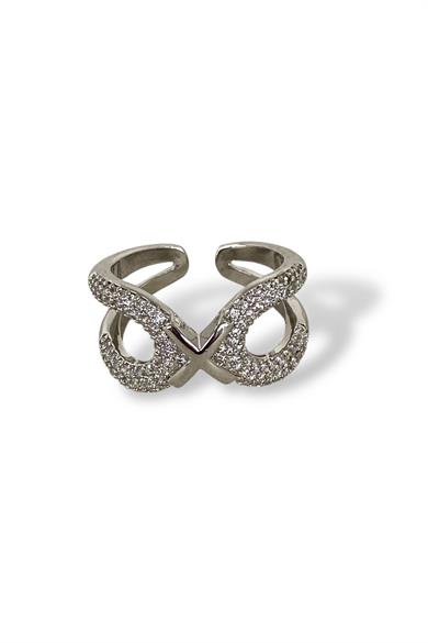 Gümüş Renk Çarpı Figürlü Taş Detaylı Ayarlanabilir Çelik Yüzük