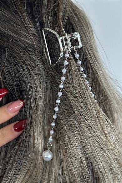 Gümüş Renk İnci Detaylı Mini Metal Mandal Toka