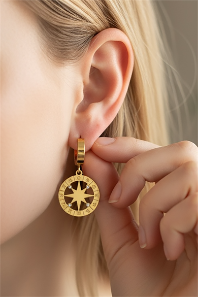 Altın Renk Pusula Figürlü Çelik Küpe (Çift)