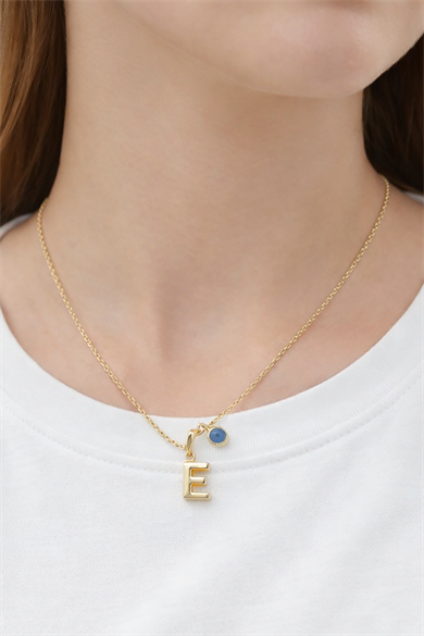 Altın Renk E Harfli Nazar Boncuk Detaylı Çelik Kolye