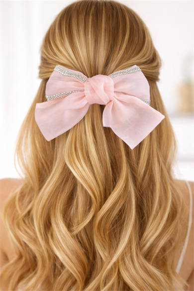 Pudra Pembe Renk Taşlı Kurdele Otomat Toka