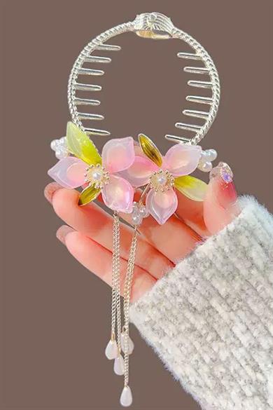 Altın Renk Çiçek Figürlü İnci Ve Taş Detaylı Topuz Toka