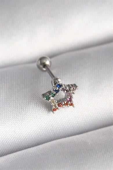 Gümüş Renk Yıldız Figürlü  Taşlı Cerrahi Çelik Tragus/Kıkırdak Küpe/Piercing (Tek)