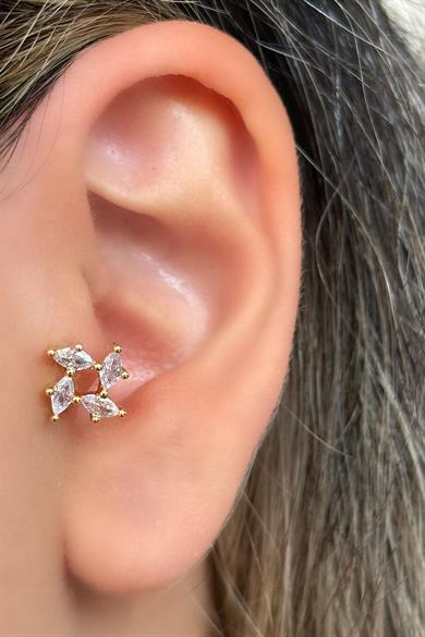 Altın Renk Taş Detaylı Çelik Tragus/Kıkırdak Küpe/Piercing (Tek)