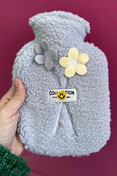 Gri Renk Çiçek Figürlü Peluş Sıcak Su Torbası