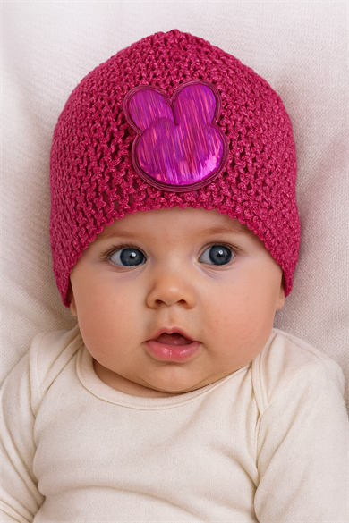 Fuşya Renk Tavşan Figürlü Örgü Detaylı Bebek Saç Bandı/ Saç Bonesi