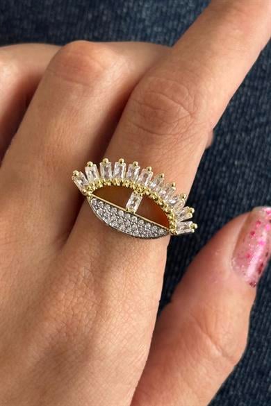 Altın Ve Gümüş Renk Göz Detaylı 14K Altın Kaplama Ayarlanabilir Yüzük