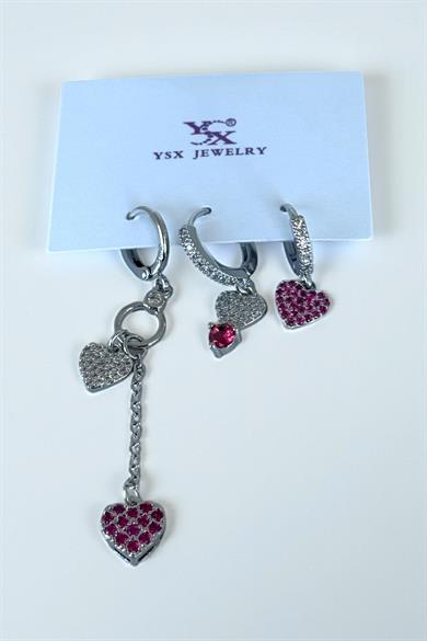 Gümüş Renk Kalp Figürlü Taş Detaylı 6lı YSX Küpe Set  