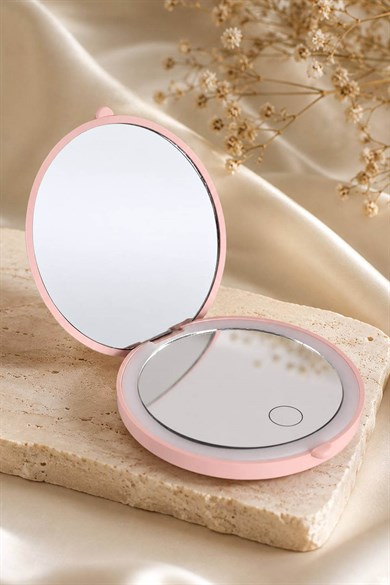 Pembe Renk Işıklı Makyaj Aynası/ Cep Ayna