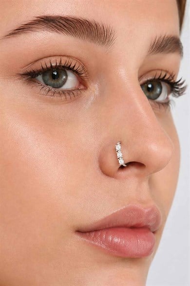 Gümüş Renk Taş Detaylı Deliksiz Kulak/Burun Piercing 