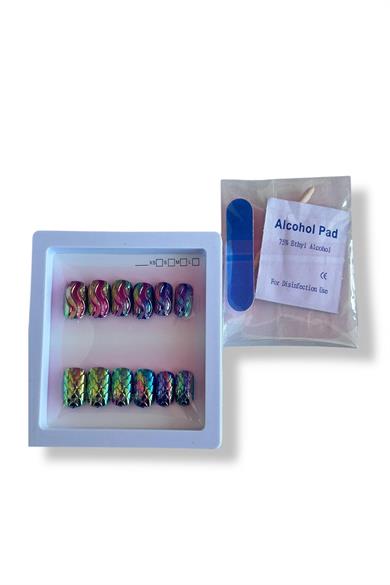 12li Mor Renk Karışık Figürlü Jel Görünümlü Takma Tırnak Set (Yapıştırıcılı)