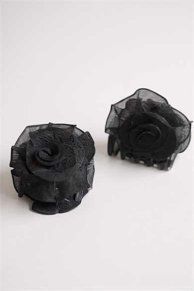 Siyah Renk Çiçek Figürlü 2li Mandal Toka Set