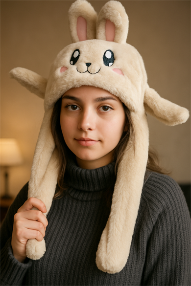 Krem Renk Tavşan Figürlü Kulakları Oynayan Peluş Şapka