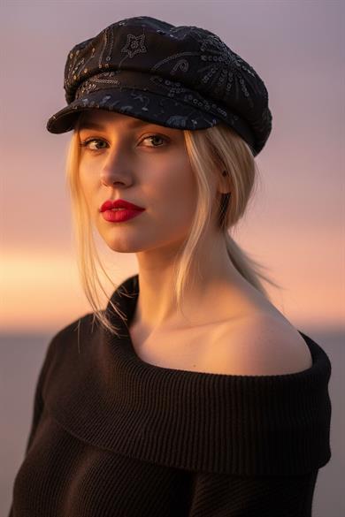 Siyah Renk Pul Detaylı Tasarım Şapka