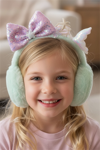 Turkuaz Ve Pembe Renk Karışık Figürlü Çocuk Peluş Kulaklık