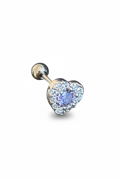 Gümüş Renk Kalp Figürlü Taşlı Cerrahi Çelik Tragus/Kıkırdak Küpe/Piercing (Tek)