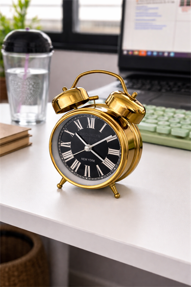 Altın Renk Dekoratif Işıklı Alarmlı Yuvarlak Masa Saati