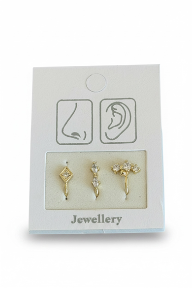Altın Renk Karışık Figürlü Deliksiz Kulak/Burun 3lü Piercing Set