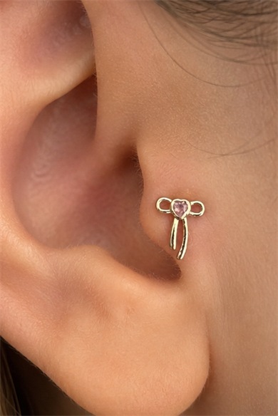 Gümüş Renk Fiyonk Figürlü Taşlı Cerrahi Çelik Tragus/Kıkırdak Küpe/Piercing (Tek)