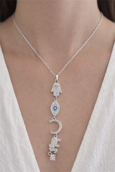 Gümüş Renk Taş Detaylı Y Kolye