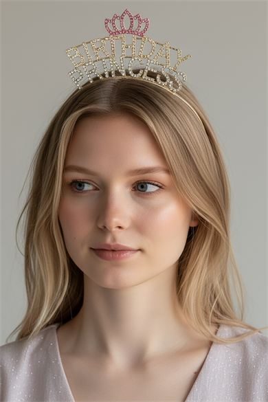 Altın Renk Birthday Princess Yazılı Taş Detaylı Taç