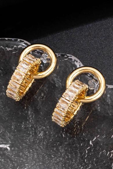 Altın Renk Taş Detaylı 14K Altın Kaplama Küpe (Çift)